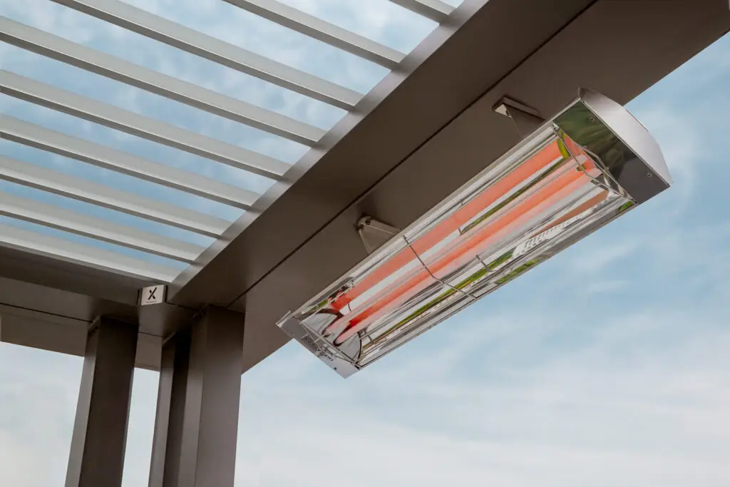 Close-up of a patio heater mounted under a StruXure pergola in Emerald Hills, CA